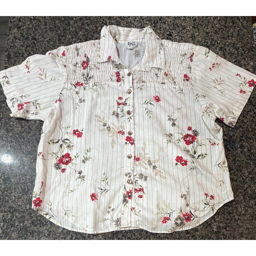 Tap‎ & Co Womens Floral Pinstripe Smocked Button Up Shirt Cream Red Short Sleeve